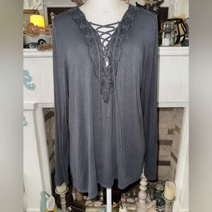American Eagle Outfitters Gray Lace-Up Blouse